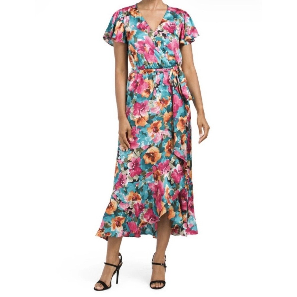 Nicole Miller New York Floral‎ Satin Asymmetrical Ruffle Wrap Midi Dress Women S